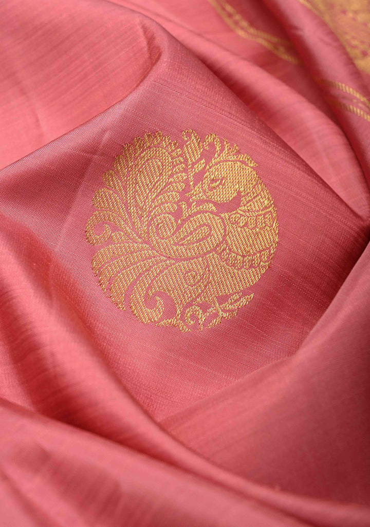Light Coral Kanjivaram Silk Saree with Peacock Motifs and Contrast Zari Border | SILK MARK CERTIFIED