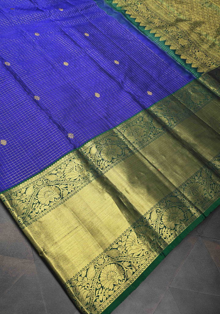 Purple Podi-Kattam Zari Checks Kanjivaram Silk Saree with Zari Buttis and Contrast Wide Zari Border | SILK MARK CERTIFIED