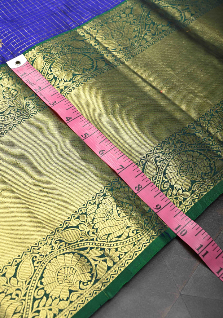 Purple Podi-Kattam Zari Checks Kanjivaram Silk Saree with Zari Buttis and Contrast Wide Zari Border | SILK MARK CERTIFIED