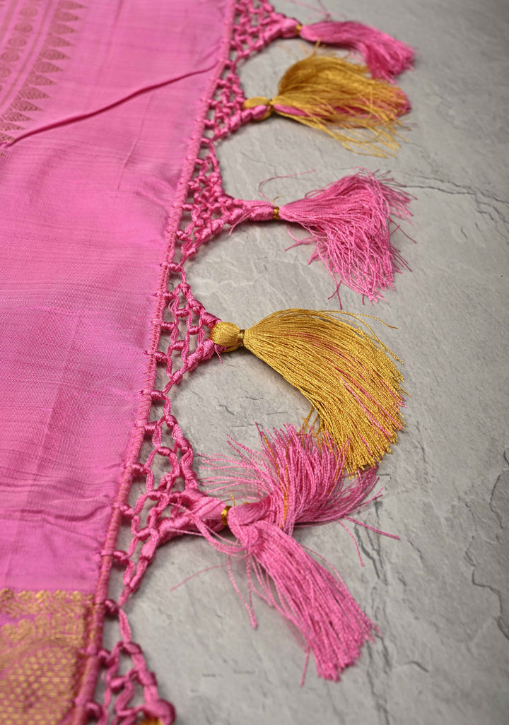 Pink Kanjivaram Silk Saree with Zari Buttas and Zari Border | SILK MARK CERTIFIED