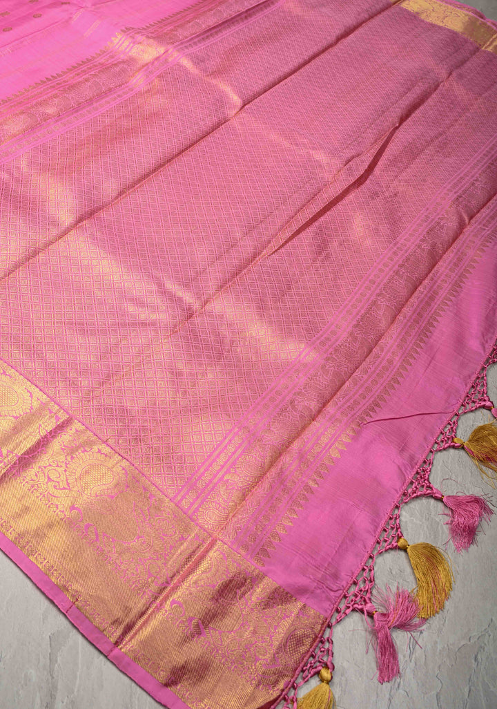 Pink Kanjivaram Silk Saree with Zari Buttas and Zari Border | SILK MARK CERTIFIED