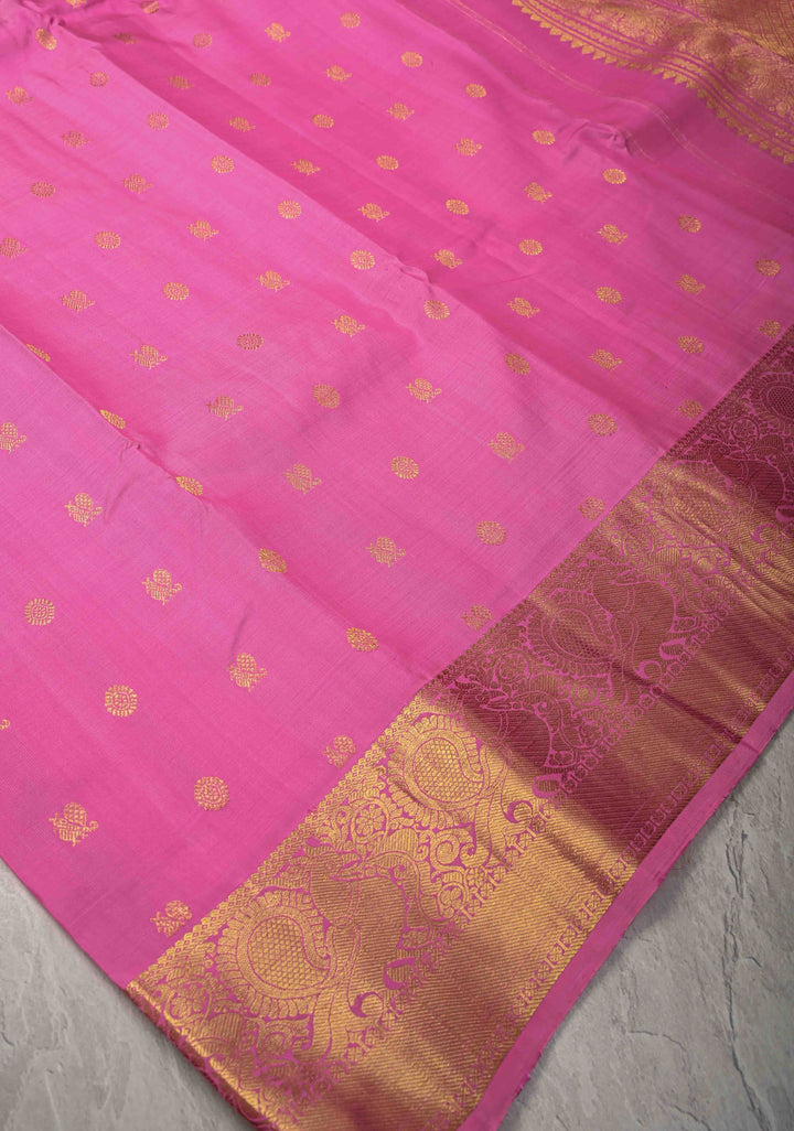 Pink Kanjivaram Silk Saree with Zari Buttas and Zari Border | SILK MARK CERTIFIED