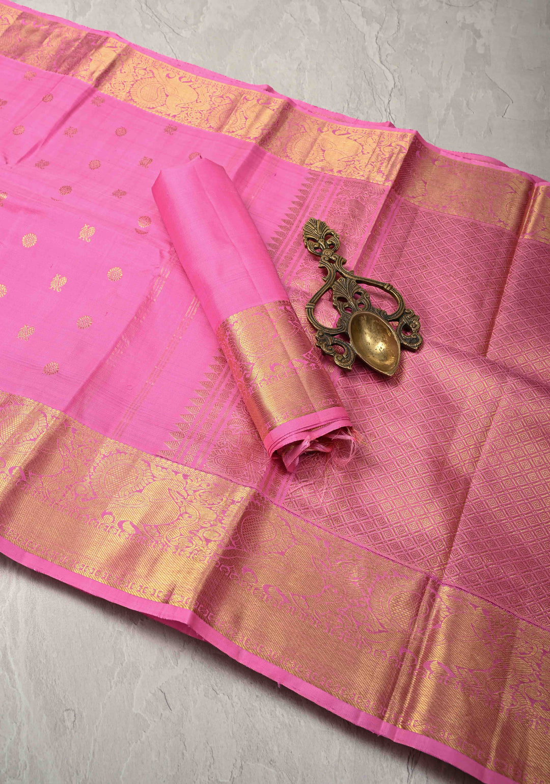 Pink Kanjivaram Silk Saree with Zari Buttas and Zari Border | SILK MARK CERTIFIED