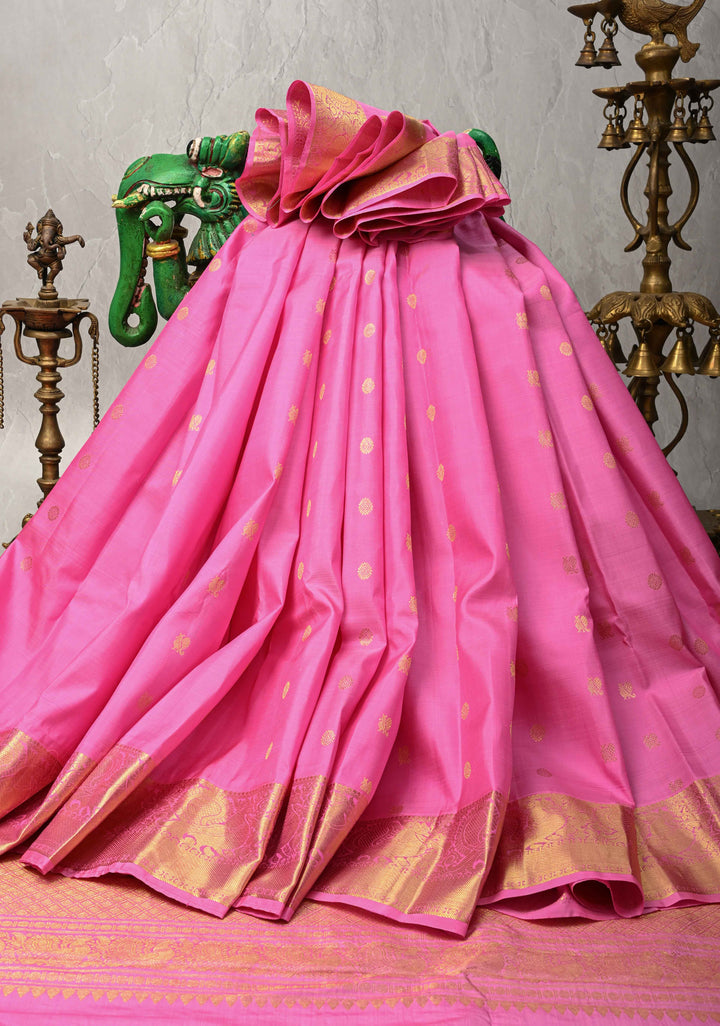 Pink Kanjivaram Silk Saree with Zari Buttas and Zari Border | SILK MARK CERTIFIED