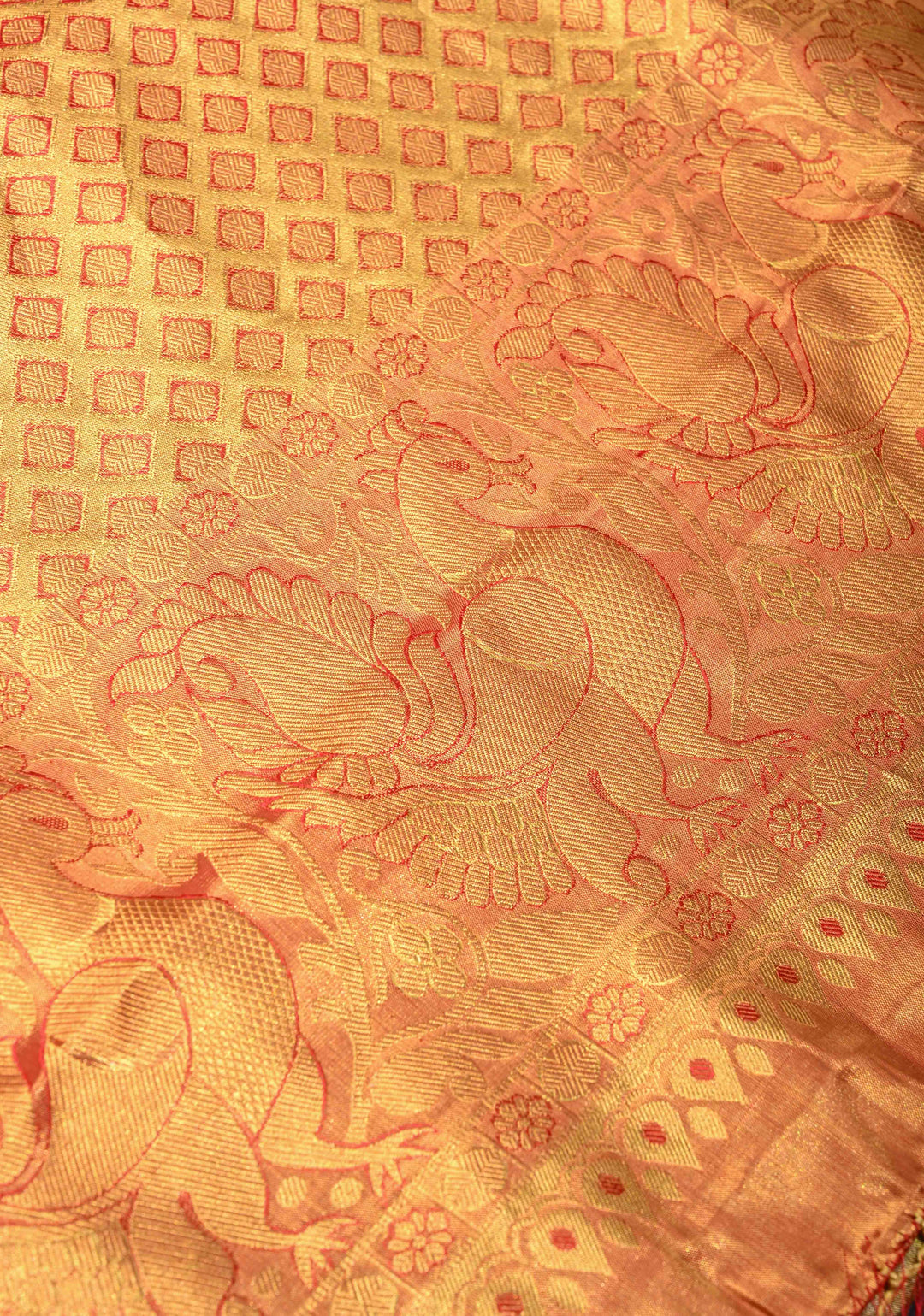 Gold Kanjivaram Tissue Silk Saree with Meenakari Floral Brocade Jaal and Contrast Zari Border | SILK MARK CERTIFIED