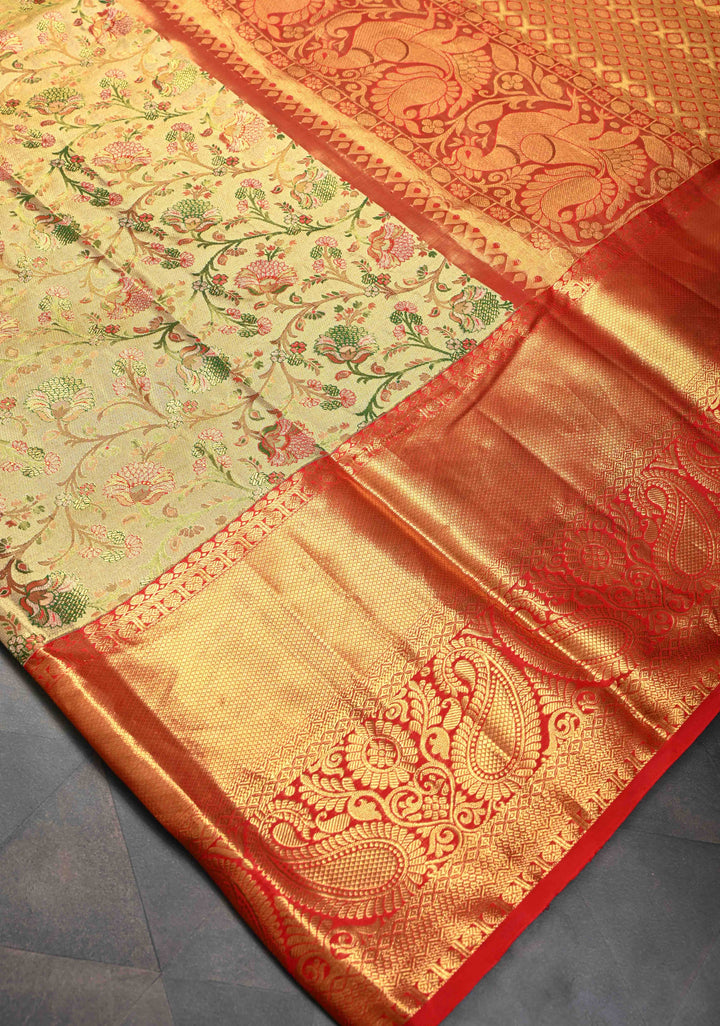 Gold Kanjivaram Tissue Silk Saree with Meenakari Floral Brocade Jaal and Contrast Zari Border | SILK MARK CERTIFIED