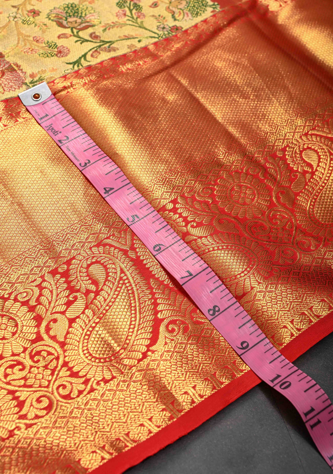 Gold Kanjivaram Tissue Silk Saree with Meenakari Floral Brocade Jaal and Contrast Zari Border | SILK MARK CERTIFIED