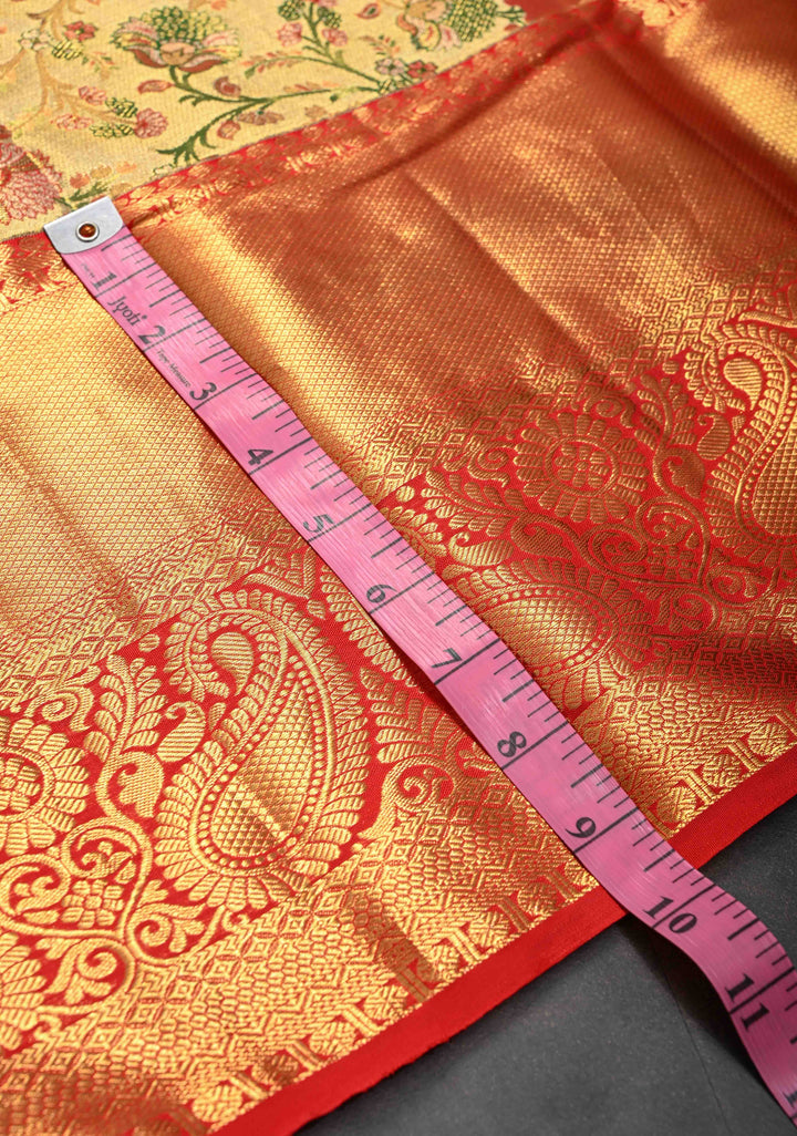 Gold Kanjivaram Tissue Silk Saree with Meenakari Floral Brocade Jaal and Contrast Zari Border | SILK MARK CERTIFIED