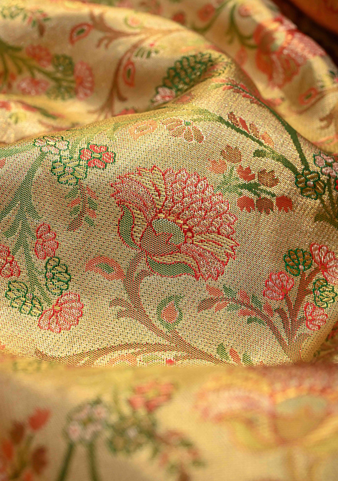 Gold Kanjivaram Tissue Silk Saree with Meenakari Floral Brocade Jaal and Contrast Zari Border | SILK MARK CERTIFIED
