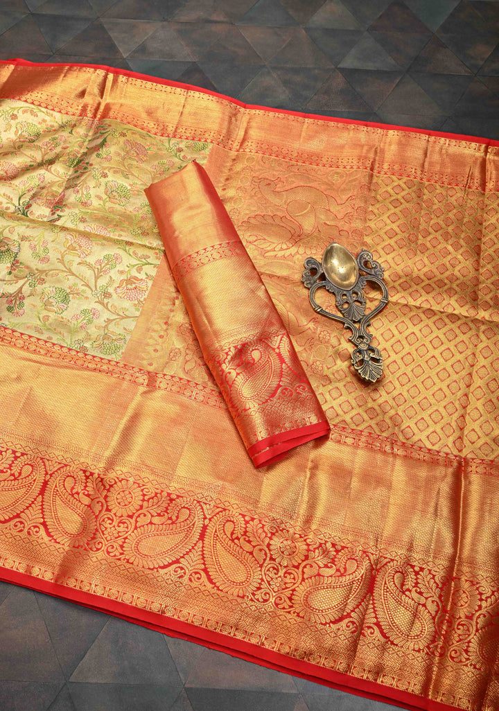 Gold Kanjivaram Tissue Silk Saree with Meenakari Floral Brocade Jaal and Contrast Zari Border | SILK MARK CERTIFIED