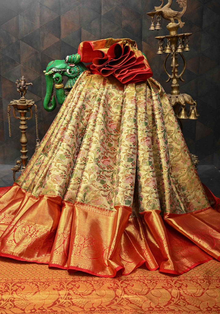Gold Kanjivaram Tissue Silk Saree with Meenakari Floral Brocade Jaal and Contrast Zari Border | SILK MARK CERTIFIED