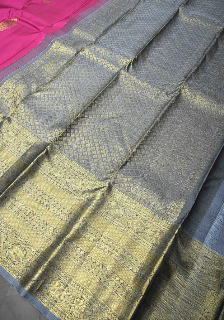 Deep Pink Kanjivaram Pure Silk saree With Zari Buttas And Wide Zari Border | SILK MARK CERTIFIED