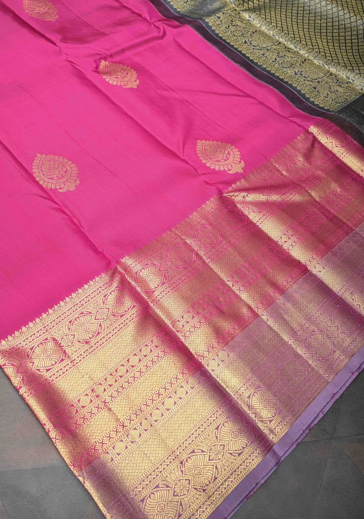 Deep Pink Kanjivaram Pure Silk saree With Zari Buttas And Wide Zari Border | SILK MARK CERTIFIED