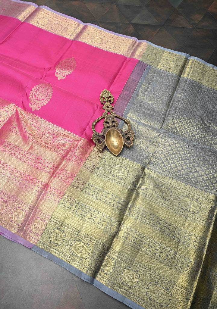 Deep Pink Kanjivaram Pure Silk saree With Zari Buttas And Wide Zari Border | SILK MARK CERTIFIED