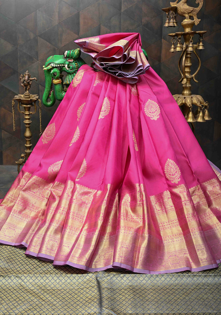 Deep Pink Kanjivaram Pure Silk saree With Zari Buttas And Wide Zari Border | SILK MARK CERTIFIED