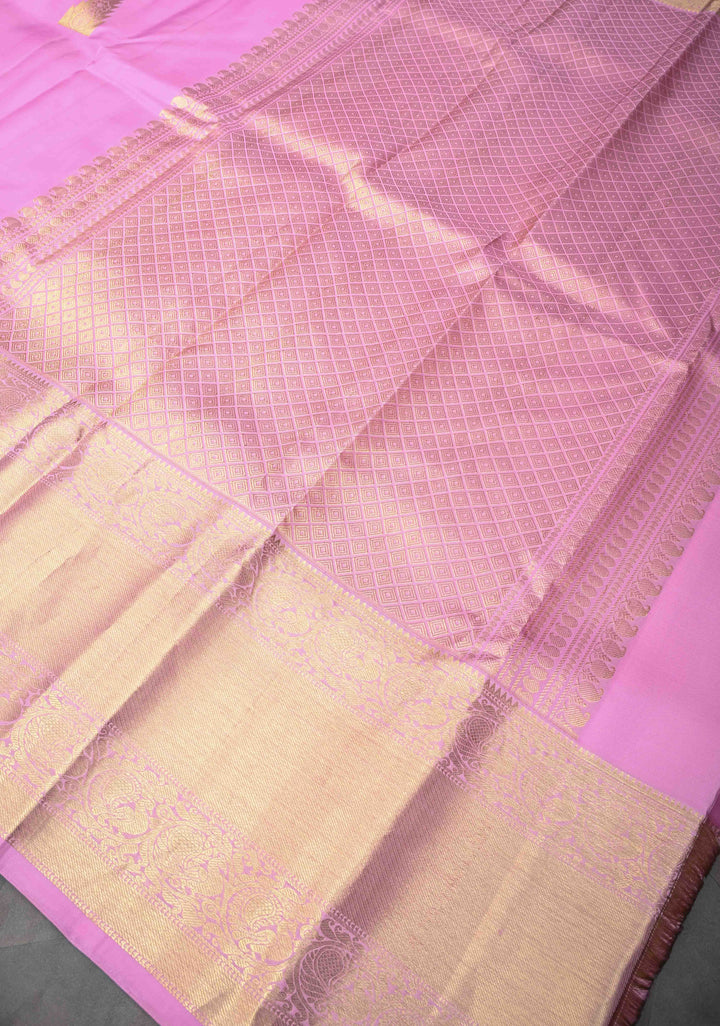Pink Kanjivaram Pure Silk Saree With Temple Distinct Motifs And Wide Zari Border | SILK MARK CERTIFIED