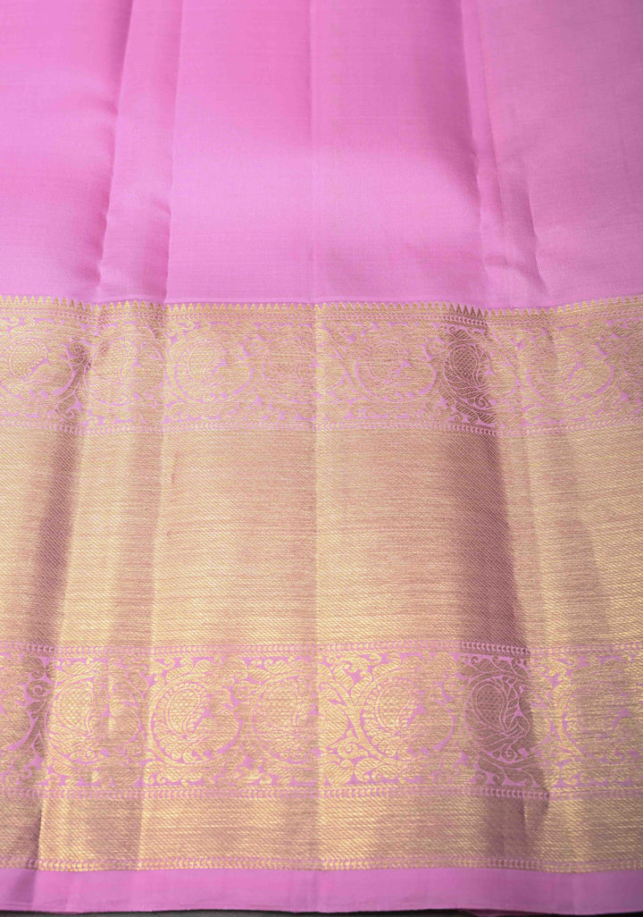 Pink Kanjivaram Pure Silk Saree With Temple Distinct Motifs And Wide Zari Border | SILK MARK CERTIFIED