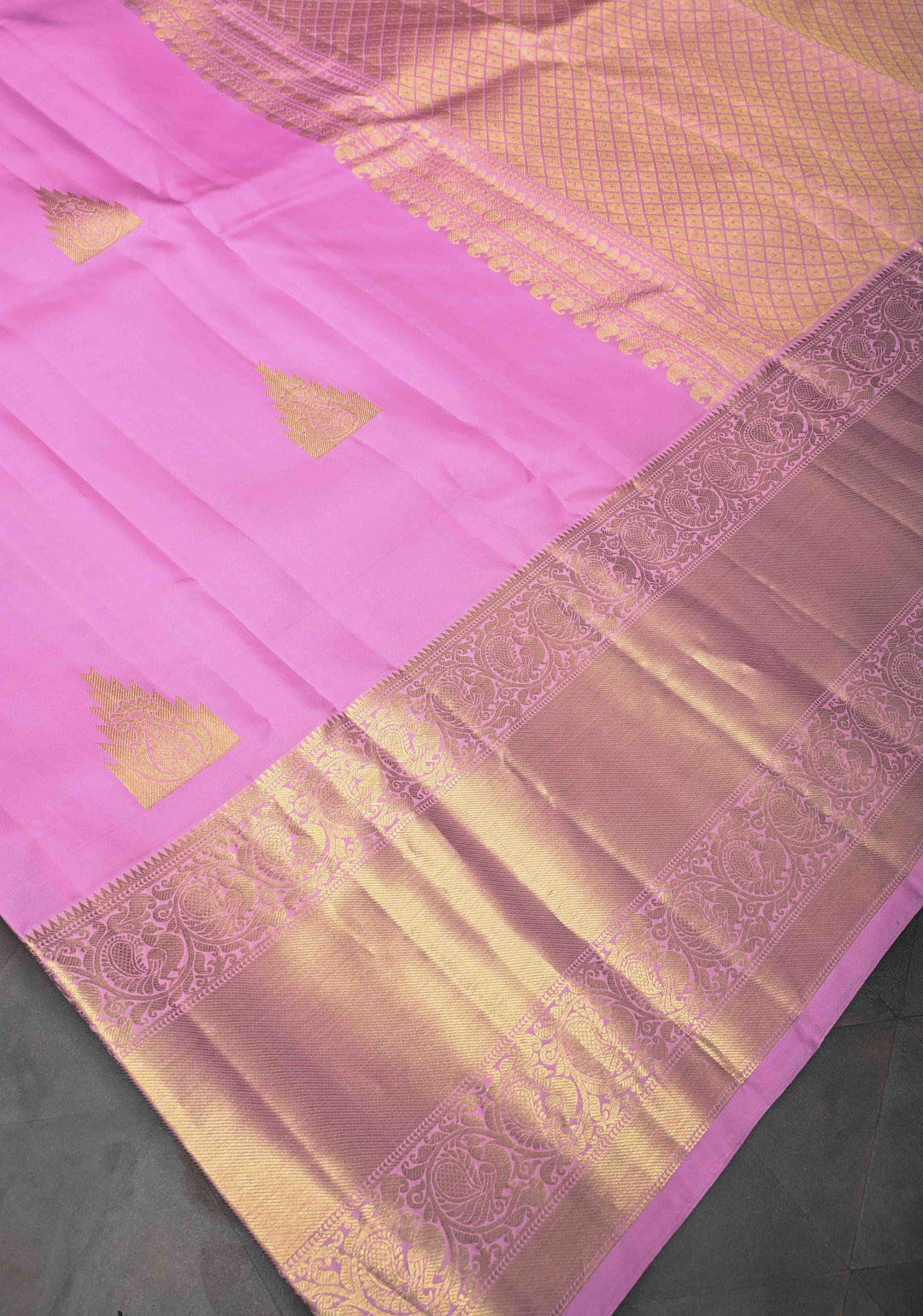 Pink Kanjivaram Pure Silk Saree With Temple Distinct Motifs And Wide Zari Border | SILK MARK CERTIFIED