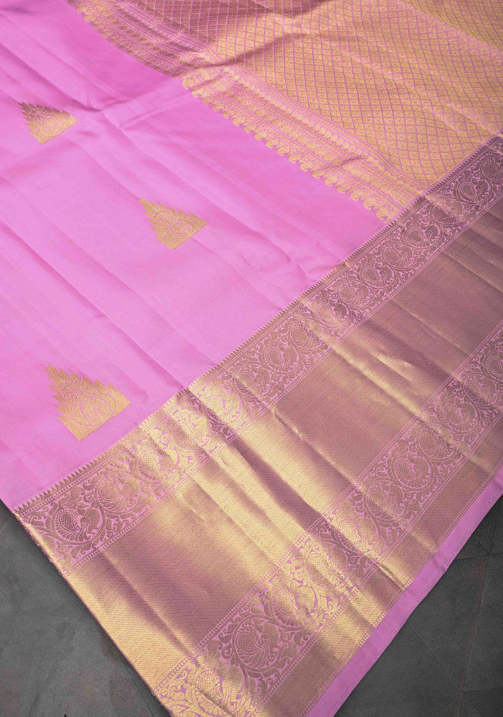 Pink Kanjivaram Pure Silk Saree With Temple Distinct Motifs And Wide Zari Border | SILK MARK CERTIFIED