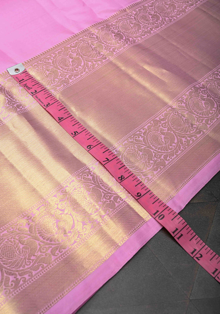 Pink Kanjivaram Pure Silk Saree With Temple Distinct Motifs And Wide Zari Border | SILK MARK CERTIFIED
