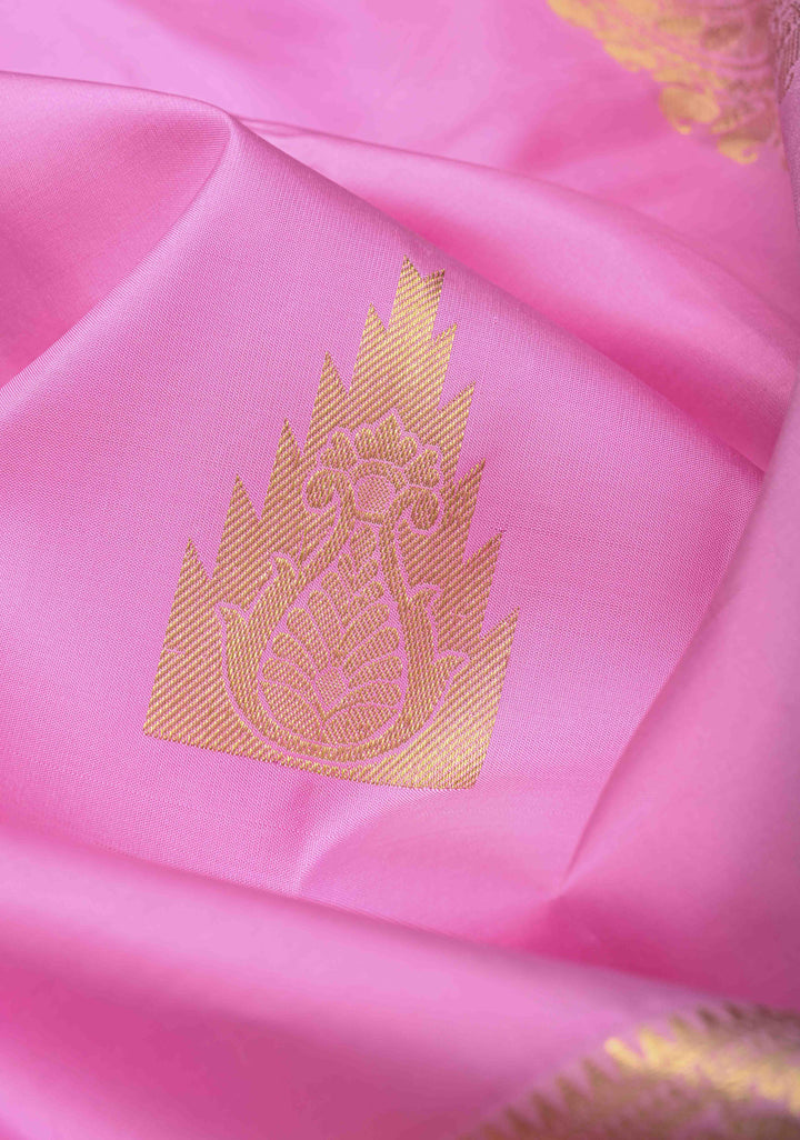 Pink Kanjivaram Pure Silk Saree With Temple Distinct Motifs And Wide Zari Border | SILK MARK CERTIFIED