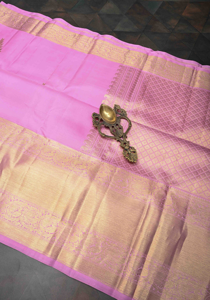 Pink Kanjivaram Pure Silk Saree With Temple Distinct Motifs And Wide Zari Border | SILK MARK CERTIFIED