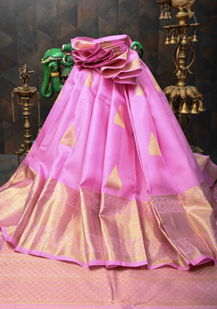 Pink Kanjivaram Pure Silk Saree With Temple Distinct Motifs And Wide Zari Border | SILK MARK CERTIFIED