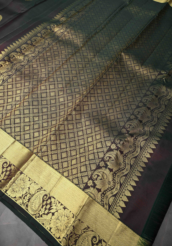 Black Paisley Motifs Kanjivaram Pure Silk saree with Zari Border | SILK MARK CERTIFIED