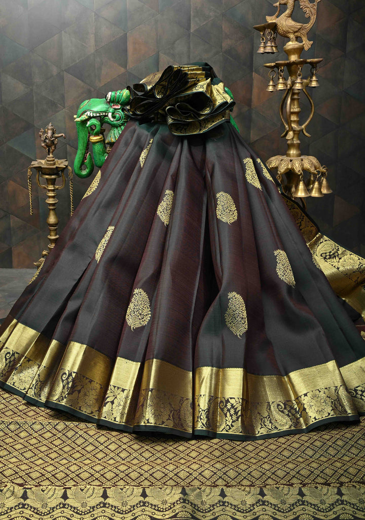 Black Paisley Motifs Kanjivaram Pure Silk saree with Zari Border | SILK MARK CERTIFIED