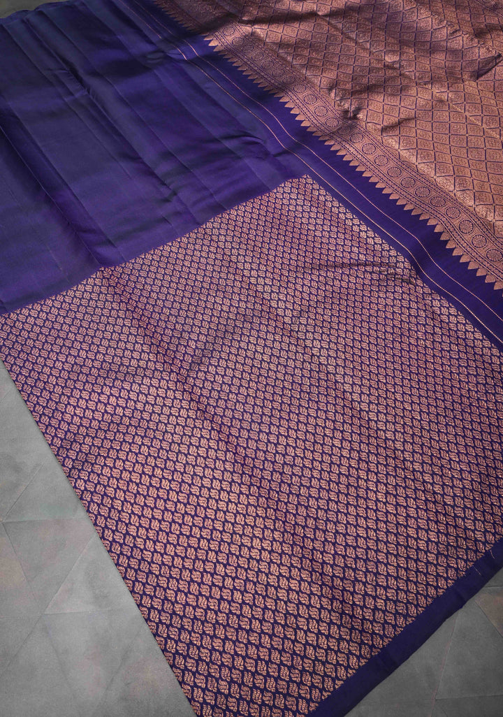 Purple Stunning Half Border Kanjivaram Pure Silk saree with Zari Brocade And Contrast Blouse | SILK MARK CERTIFIED