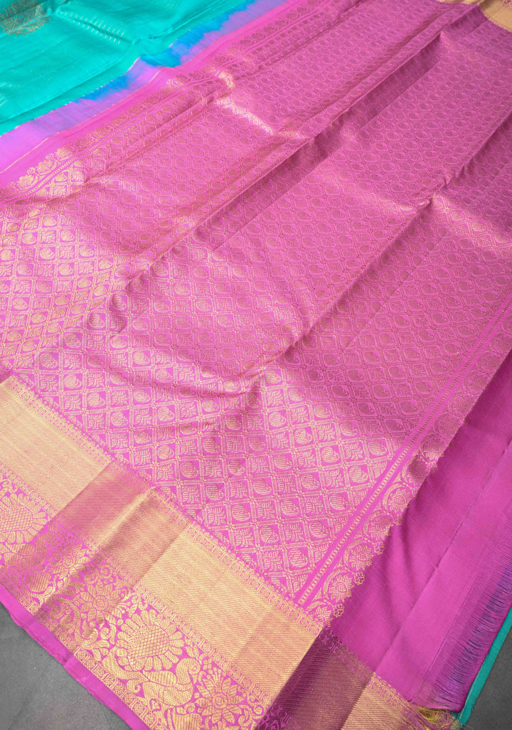 Cyan Vertical Stripes Kanjivaram Pure Silk Saree With Zari Buttas And Zari Border | SILK MARK CERTIFIED