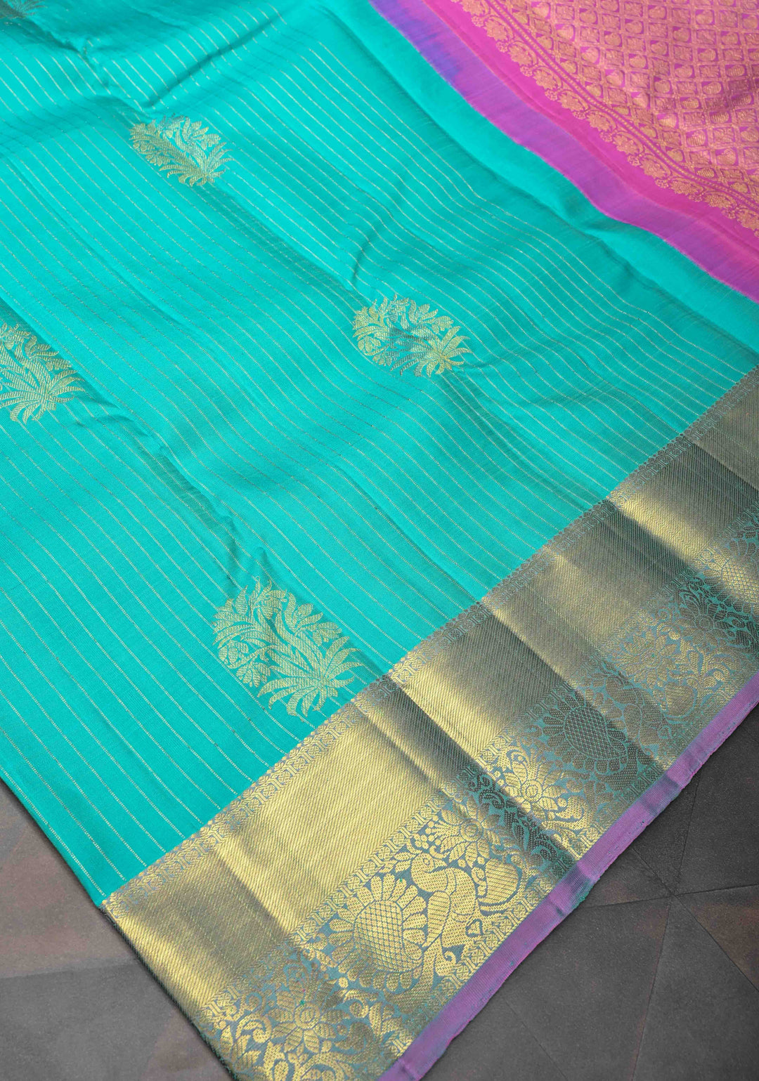 Cyan Vertical Stripes Kanjivaram Pure Silk Saree With Zari Buttas And Zari Border | SILK MARK CERTIFIED