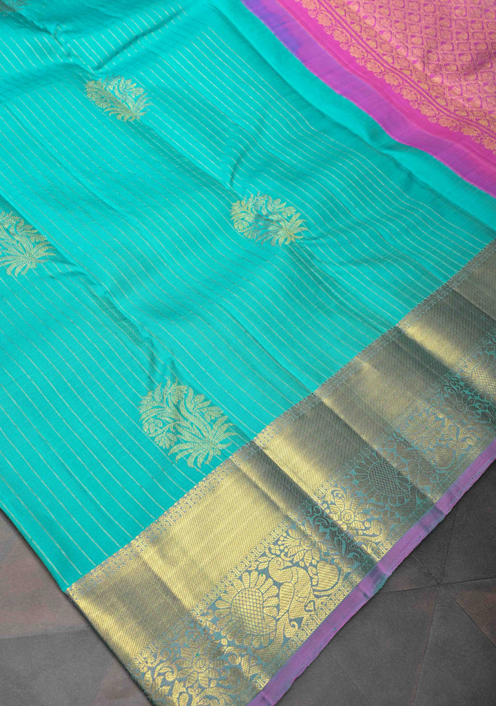 Cyan Vertical Stripes Kanjivaram Pure Silk Saree With Zari Buttas And Zari Border | SILK MARK CERTIFIED