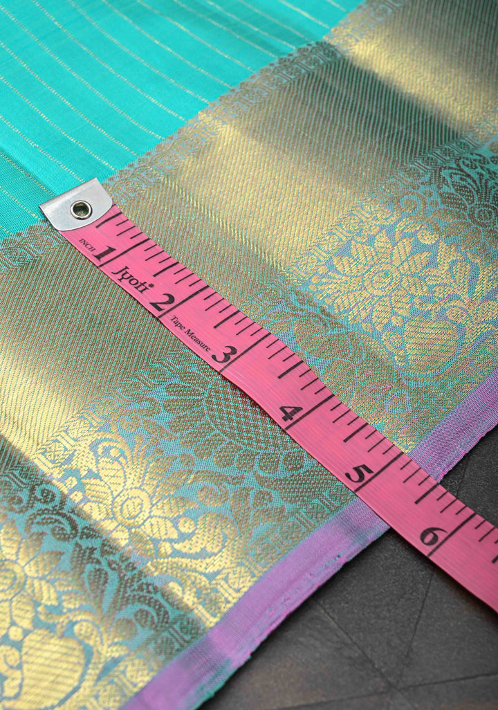 Cyan Vertical Stripes Kanjivaram Pure Silk Saree With Zari Buttas And Zari Border | SILK MARK CERTIFIED