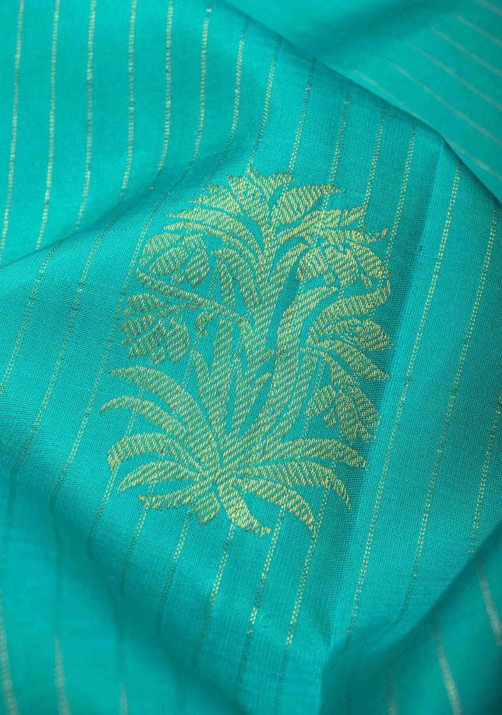 Cyan Vertical Stripes Kanjivaram Pure Silk Saree With Zari Buttas And Zari Border | SILK MARK CERTIFIED