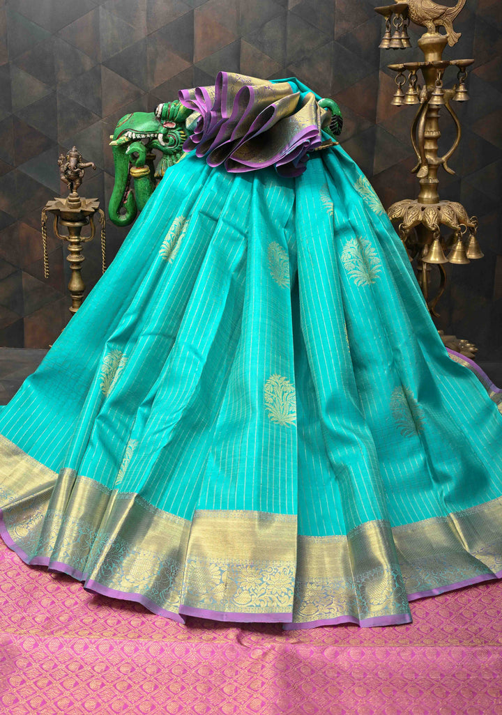 Cyan Vertical Stripes Kanjivaram Pure Silk Saree With Zari Buttas And Zari Border | SILK MARK CERTIFIED
