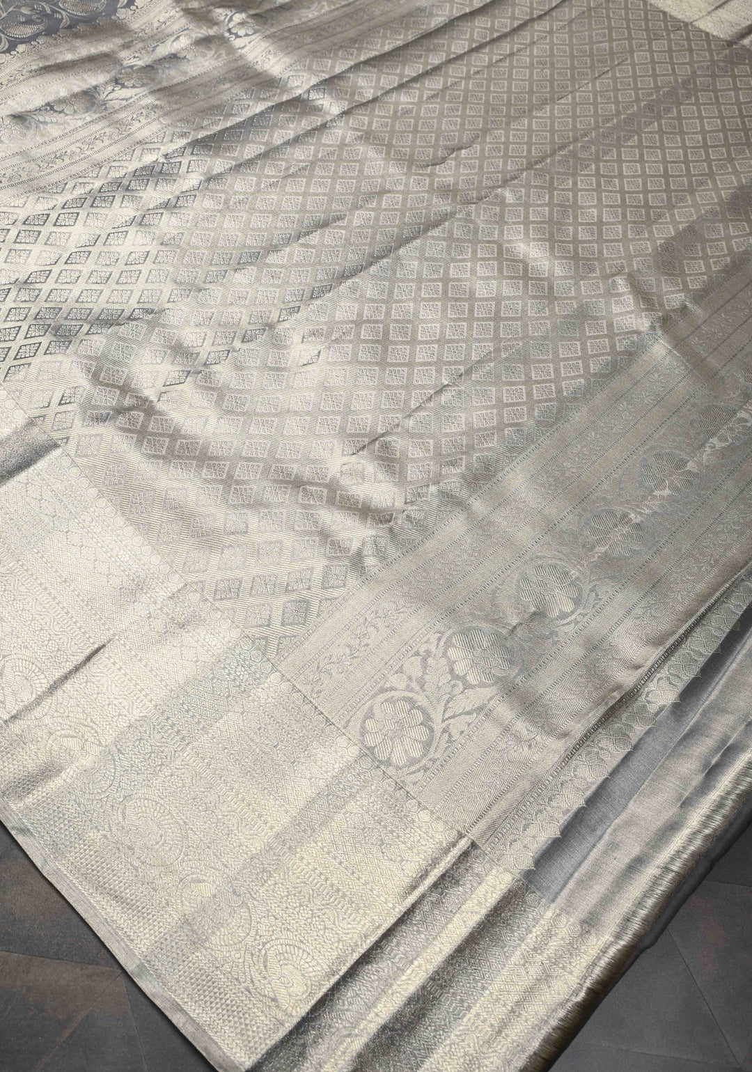 Gray Kanjivaram Tissue Silk Saree with Paisley Brocade and Zari Border | SILK MARK CERTIFIED
