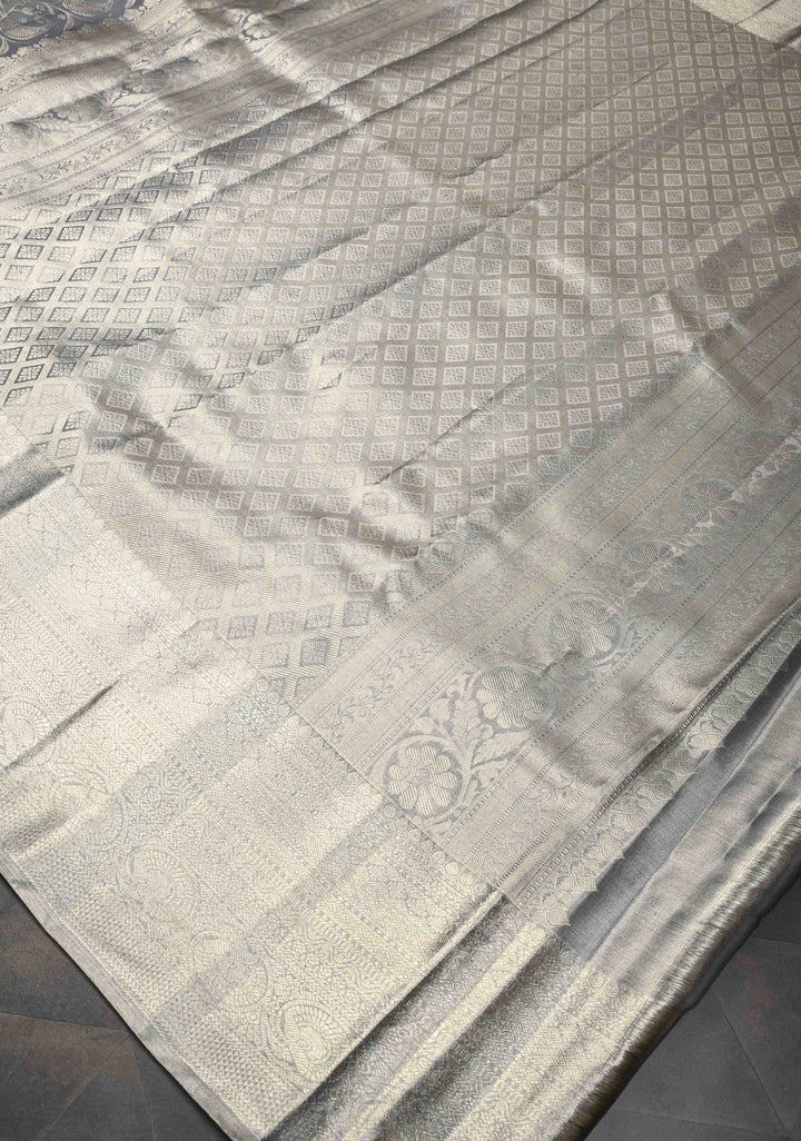 Gray Kanjivaram Tissue Silk Saree with Paisley Brocade and Zari Border | SILK MARK CERTIFIED