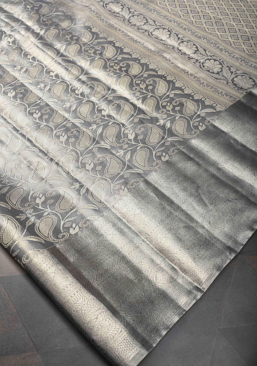 Gray Kanjivaram Tissue Silk Saree with Paisley Brocade and Zari Border | SILK MARK CERTIFIED
