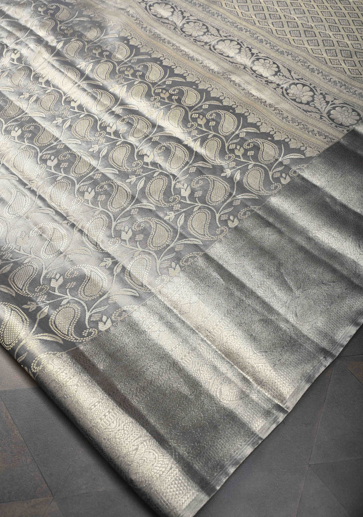 Gray Kanjivaram Tissue Silk Saree with Paisley Brocade and Zari Border | SILK MARK CERTIFIED