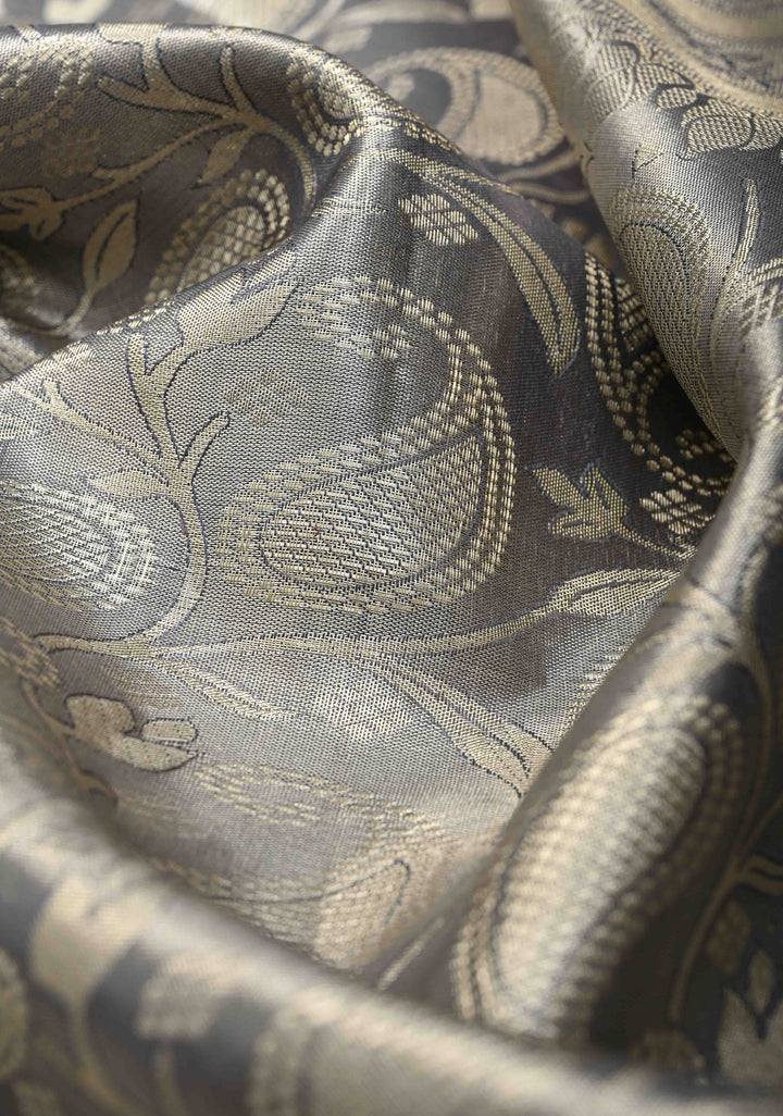 Gray Kanjivaram Tissue Silk Saree with Paisley Brocade and Zari Border | SILK MARK CERTIFIED
