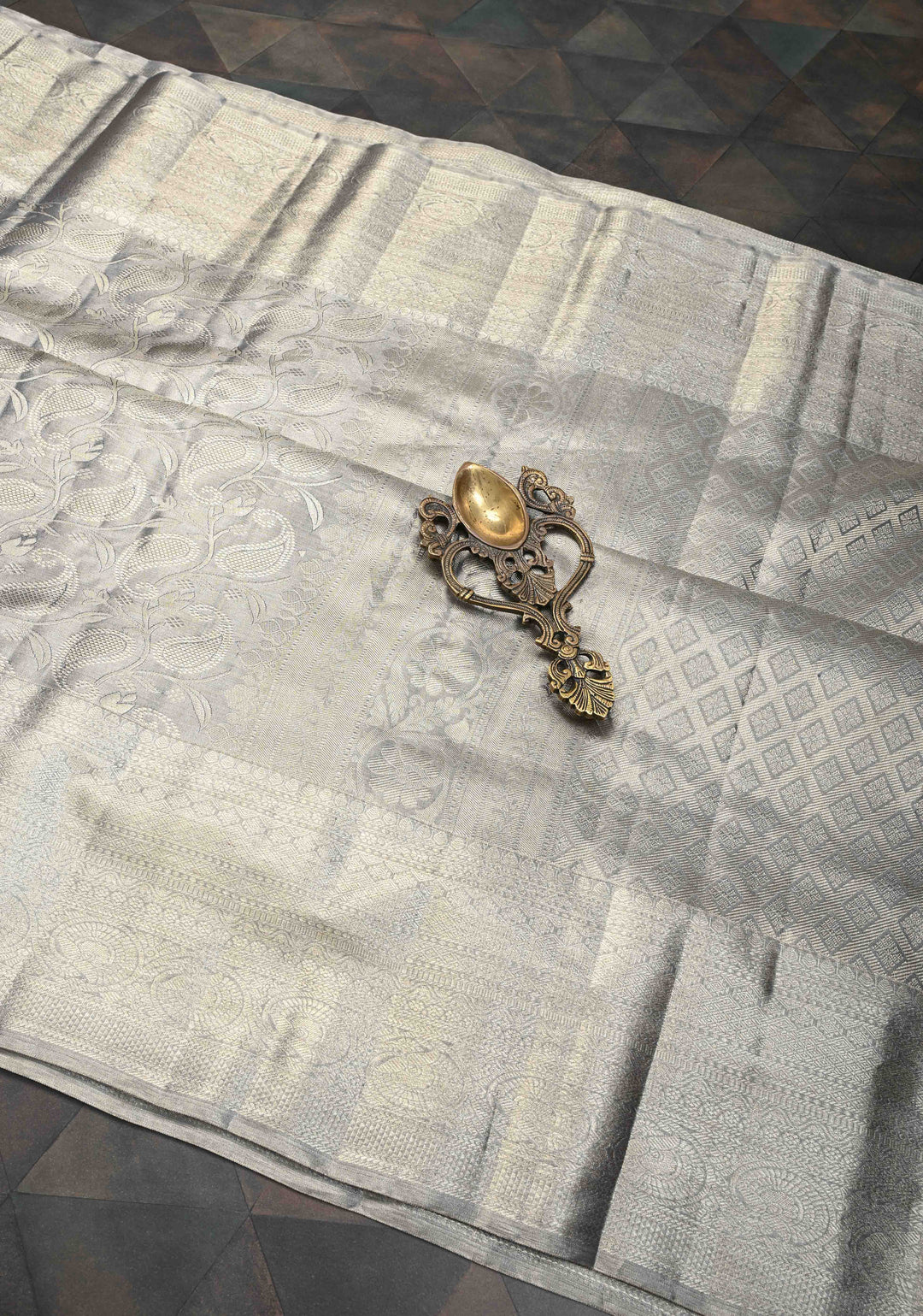 Gray Kanjivaram Tissue Silk Saree with Paisley Brocade and Zari Border | SILK MARK CERTIFIED