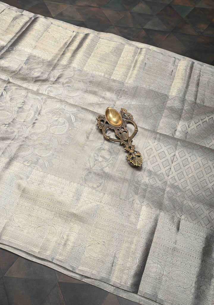 Gray Kanjivaram Tissue Silk Saree with Paisley Brocade and Zari Border | SILK MARK CERTIFIED
