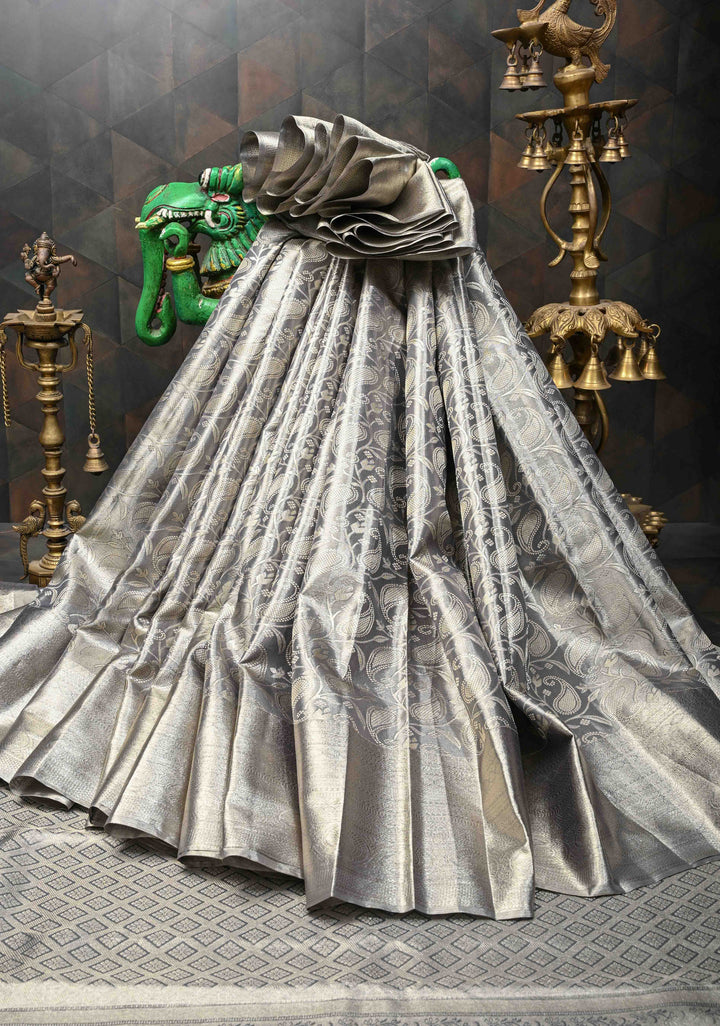 Gray Kanjivaram Tissue Silk Saree with Paisley Brocade and Zari Border | SILK MARK CERTIFIED