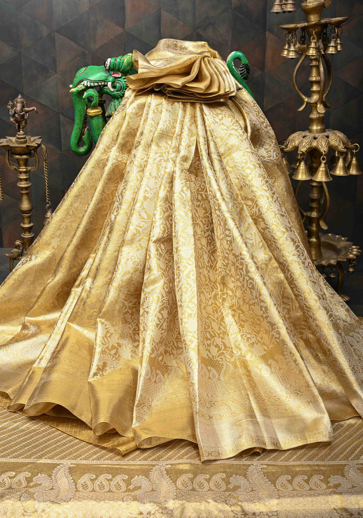 Tan Gold Kanjivaram Tissue Silk Saree with Floral Brocade Jaal and Zari Border | SILK MARK CERTIFIED