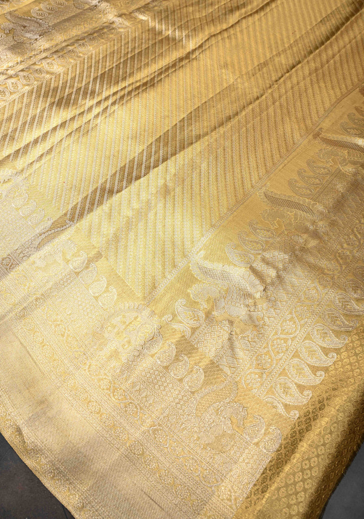 Tan Gold Kanjivaram Tissue Silk Saree with Floral Brocade Jaal and Zari Border | SILK MARK CERTIFIED