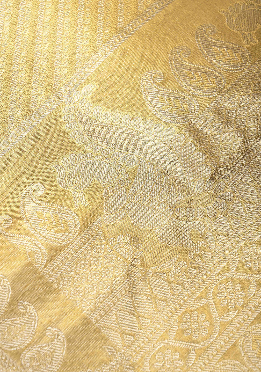 Tan Gold Kanjivaram Tissue Silk Saree with Floral Brocade Jaal and Zari Border | SILK MARK CERTIFIED