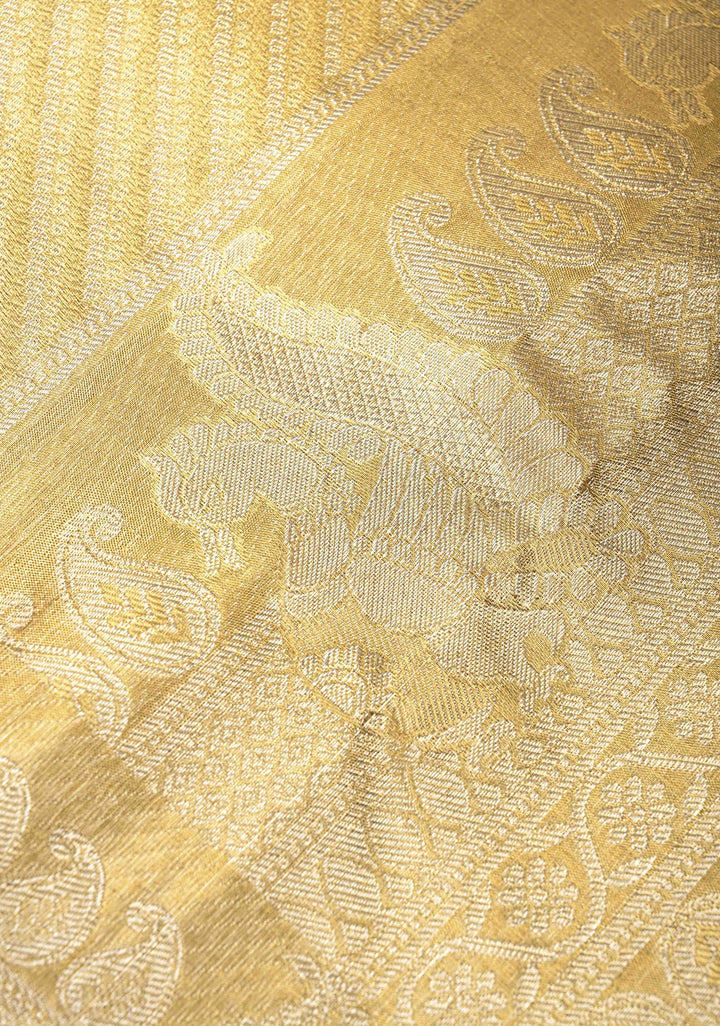 Tan Gold Kanjivaram Tissue Silk Saree with Floral Brocade Jaal and Zari Border | SILK MARK CERTIFIED