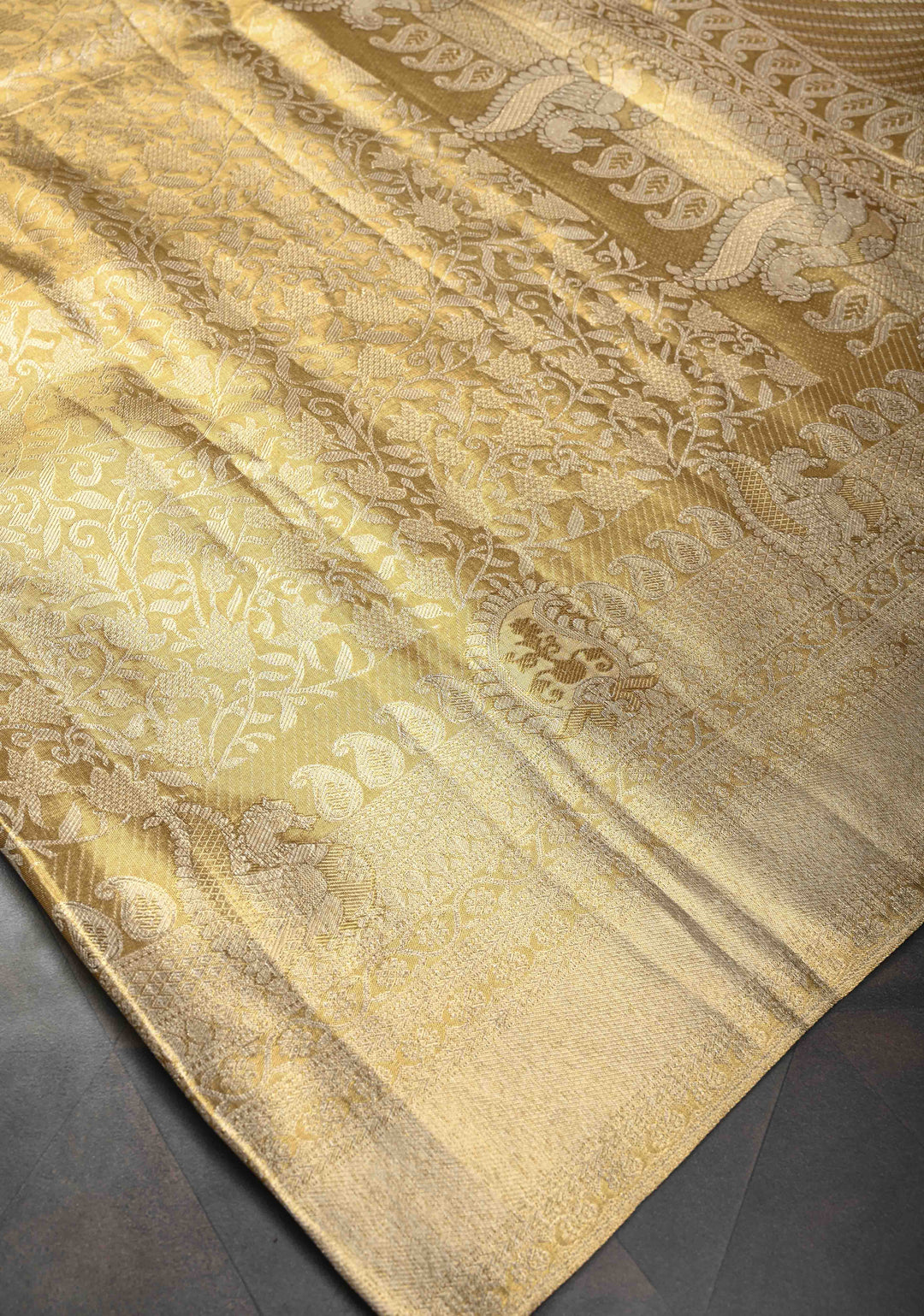 Tan Gold Kanjivaram Tissue Silk Saree with Floral Brocade Jaal and Zari Border | SILK MARK CERTIFIED