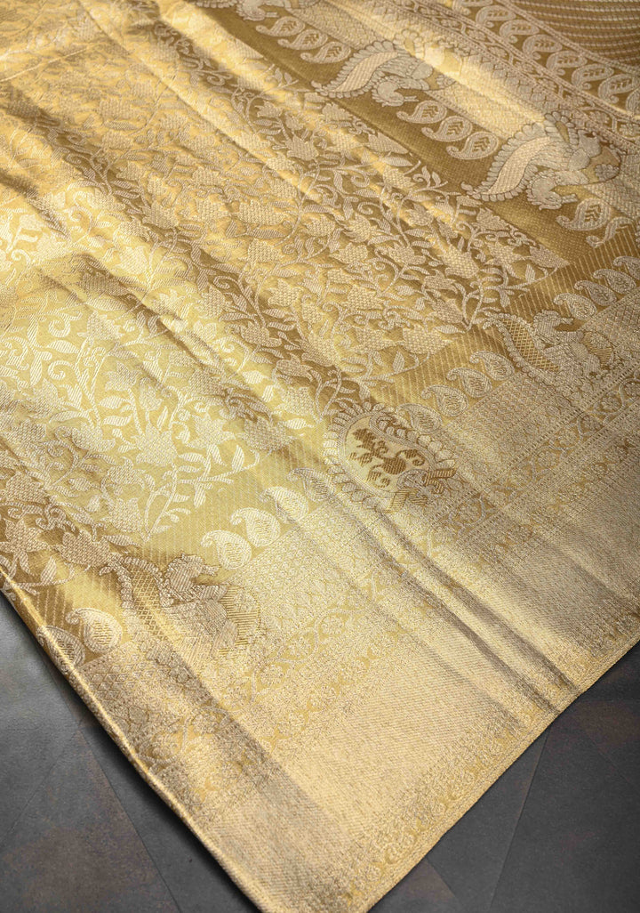 Tan Gold Kanjivaram Tissue Silk Saree with Floral Brocade Jaal and Zari Border | SILK MARK CERTIFIED